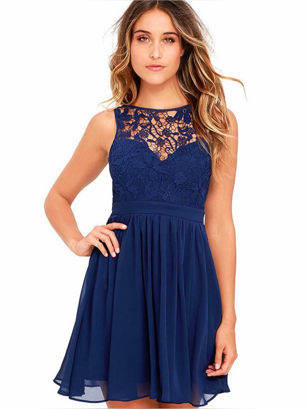 Lulu’s Jolly Song Navy Blue Lace Skater Dress